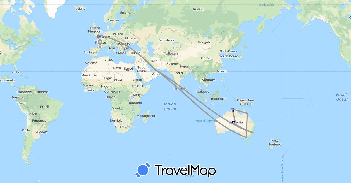 TravelMap itinerary: driving, plane in United Arab Emirates, Australia, France, United Kingdom (Asia, Europe, Oceania)